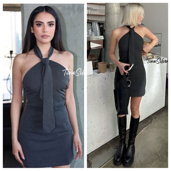 Bloggers’ Fave! NEW Zara Pinstripe Halter Neck Tie Detail Minidress Large Gray - Picture 5 of 16